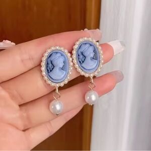 Victoria vintage gold color Blue oval Cameo Pearl Drop Earrings